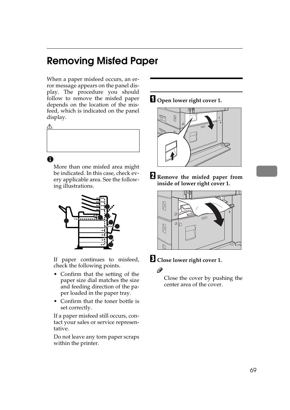 Removing misfed paper, When "misfeed: a" appears, P.69 “re | Moving misfed paper, P.69 “removing misfed, Paper, P.69 “removing misfed pa- per, P.69 “removing, Misfed paper, P.69 “removing misfed paper | Ricoh Aficio AP2700 User Manual | Page 87 / 138