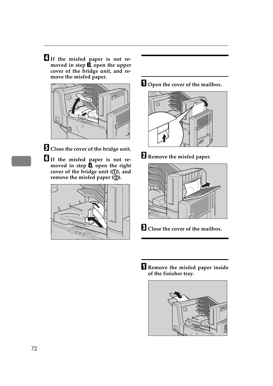 When "remove misfeed from mailbox" appears, When "remove misfeed from finisher" appears | Ricoh Aficio AP2700 User Manual | Page 90 / 138