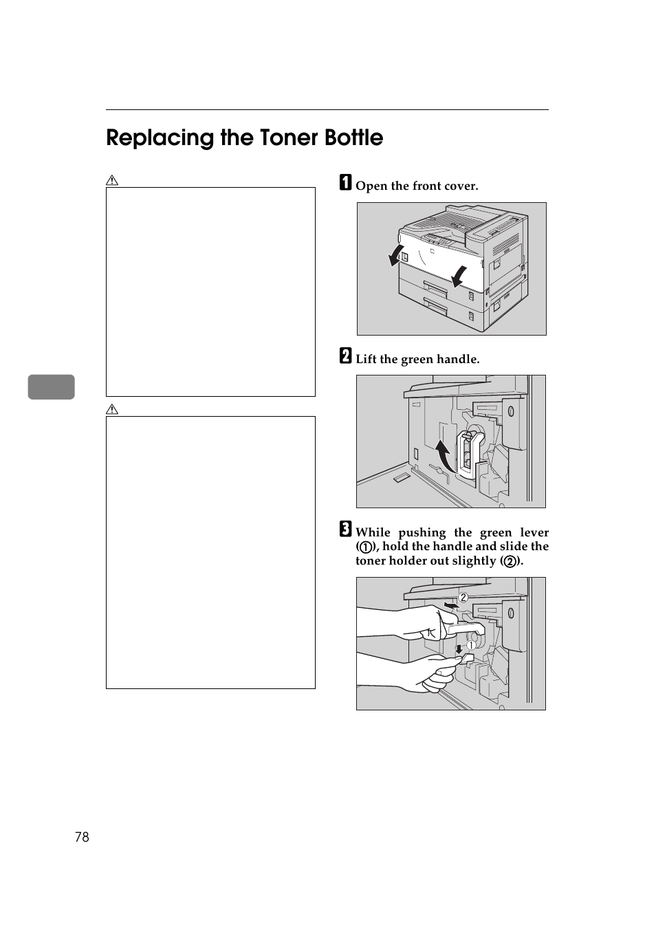 Replacing the toner bottle, P.78 “replacing the toner bottle, 5replacing the toner bottle | Ricoh Aficio AP2700 User Manual | Page 96 / 138