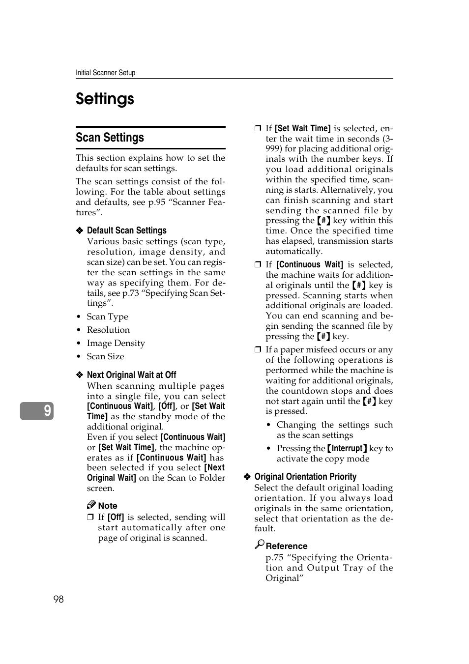 Settings, Scan settings, See p.98 “scan settings | P.98 “next original wait at off, 9settings | Ricoh Type 480 User Manual | Page 106 / 128