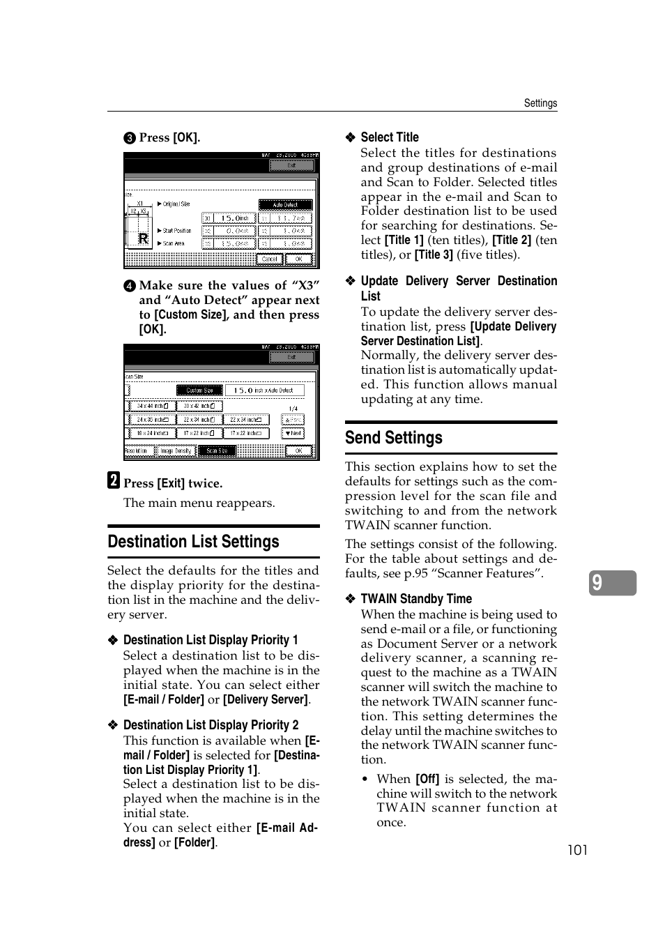 Destination list settings, Send settings, Destination list settings send settings | Ricoh Type 480 User Manual | Page 109 / 128