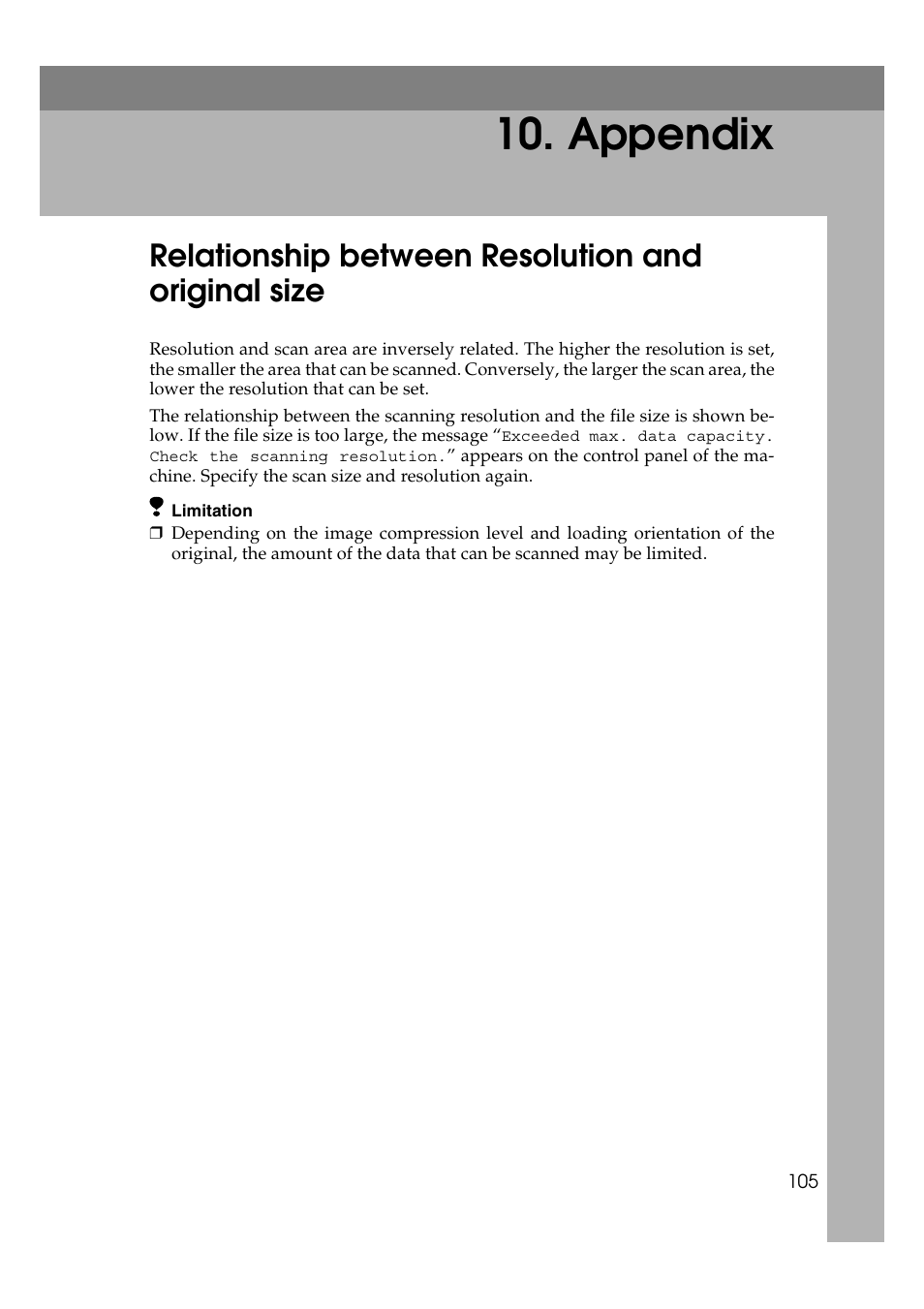 Appendix, Relationship between resolution and original size, P.105 | Ricoh Type 480 User Manual | Page 113 / 128