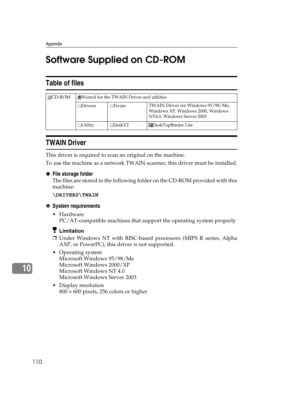Software supplied on cd-rom, Table of files, Twain driver | Table of files twain driver, P.110 “software supplied on cd- rom, See p.110 “software supplied on cd-rom, E p.110 “soft- ware supplied on cd-rom, 10 software supplied on cd-rom | Ricoh Type 480 User Manual | Page 118 / 128