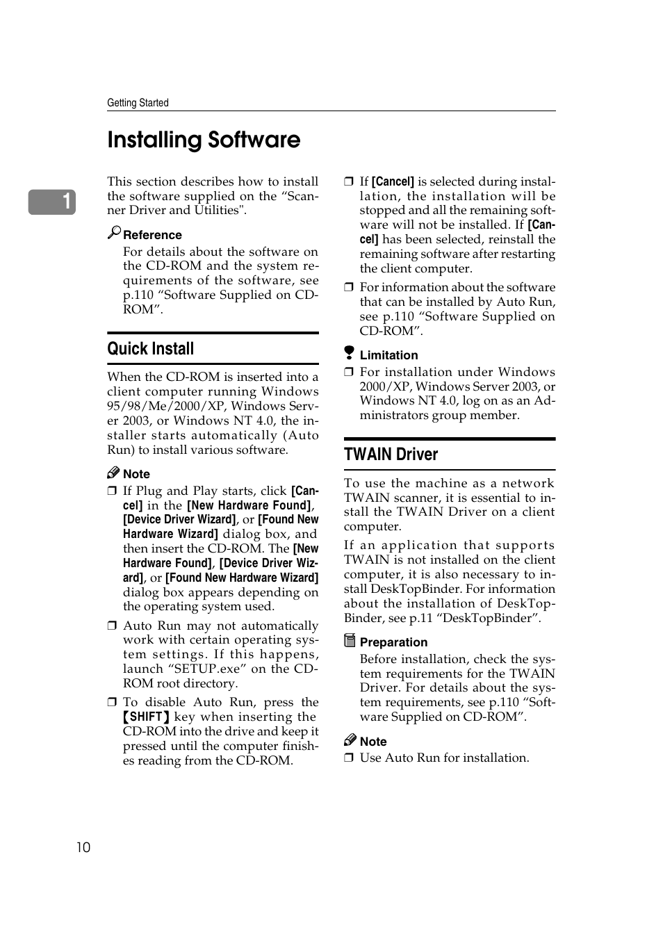 Installing software, Quick install, Twain driver | Quick install twain driver, 1installing software | Ricoh Type 480 User Manual | Page 18 / 128