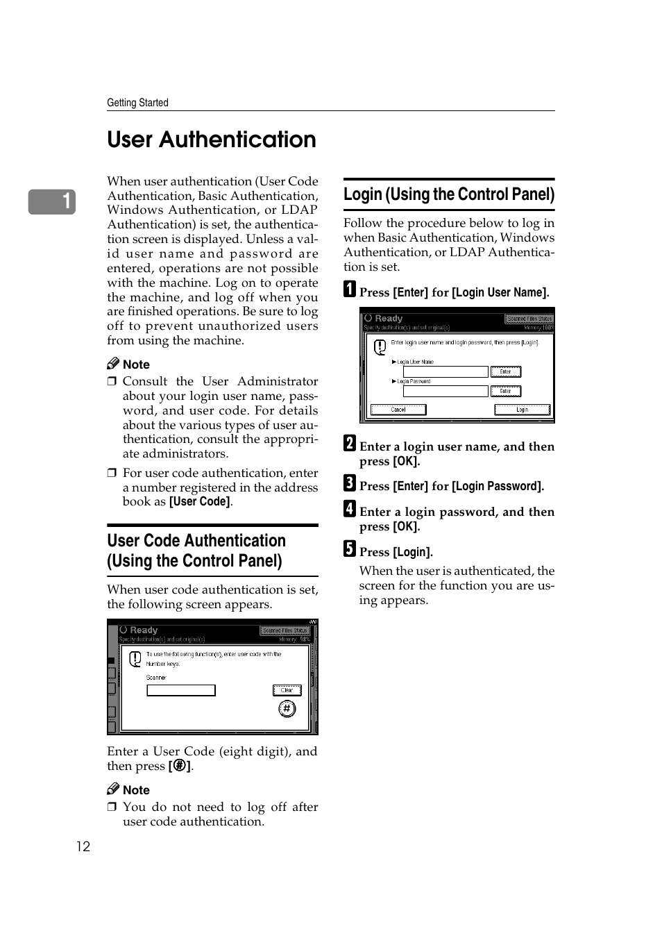 User authentication, User code authentication (using the control panel), Login (using the control panel) | 1user authentication | Ricoh Type 480 User Manual | Page 20 / 128