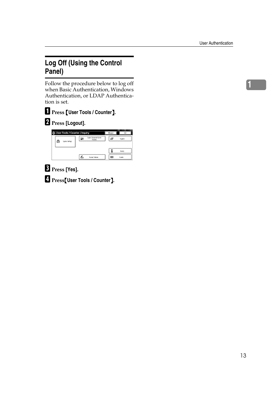 Log off (using the control panel) | Ricoh Type 480 User Manual | Page 21 / 128