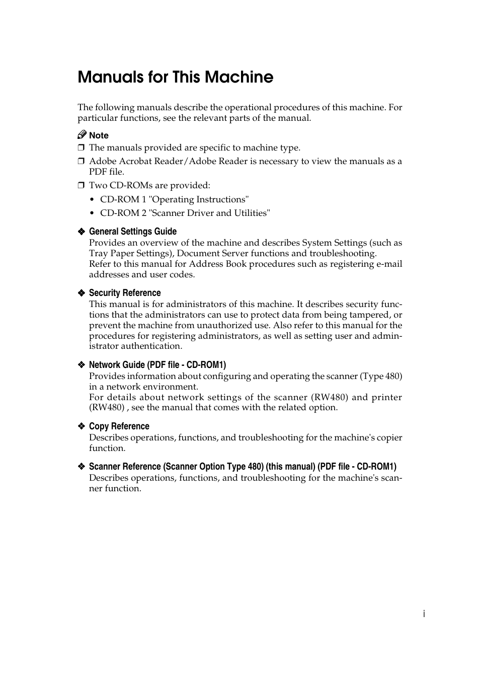 Manuals for this machine | Ricoh Type 480 User Manual | Page 3 / 128