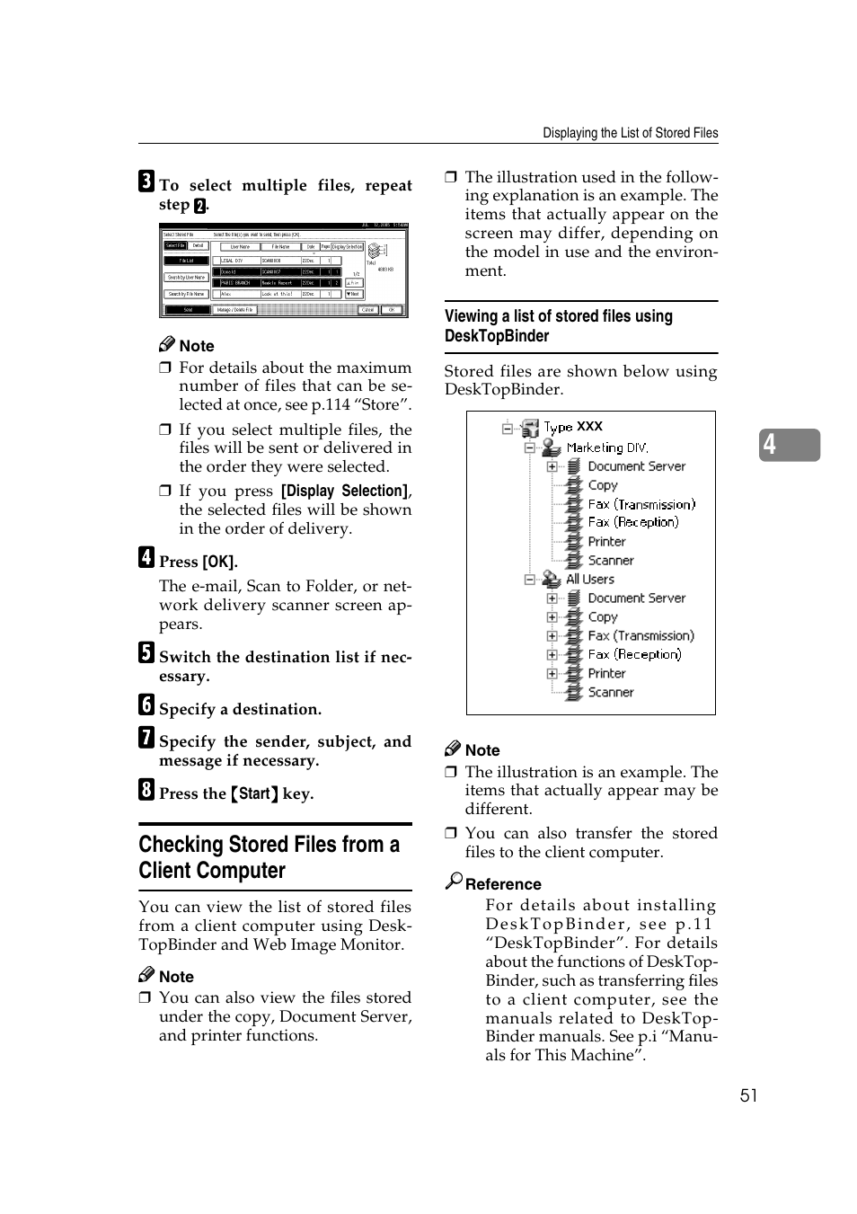 Checking stored files from a client computer, Viewing a list of stored files using desktopbinder | Ricoh Type 480 User Manual | Page 59 / 128