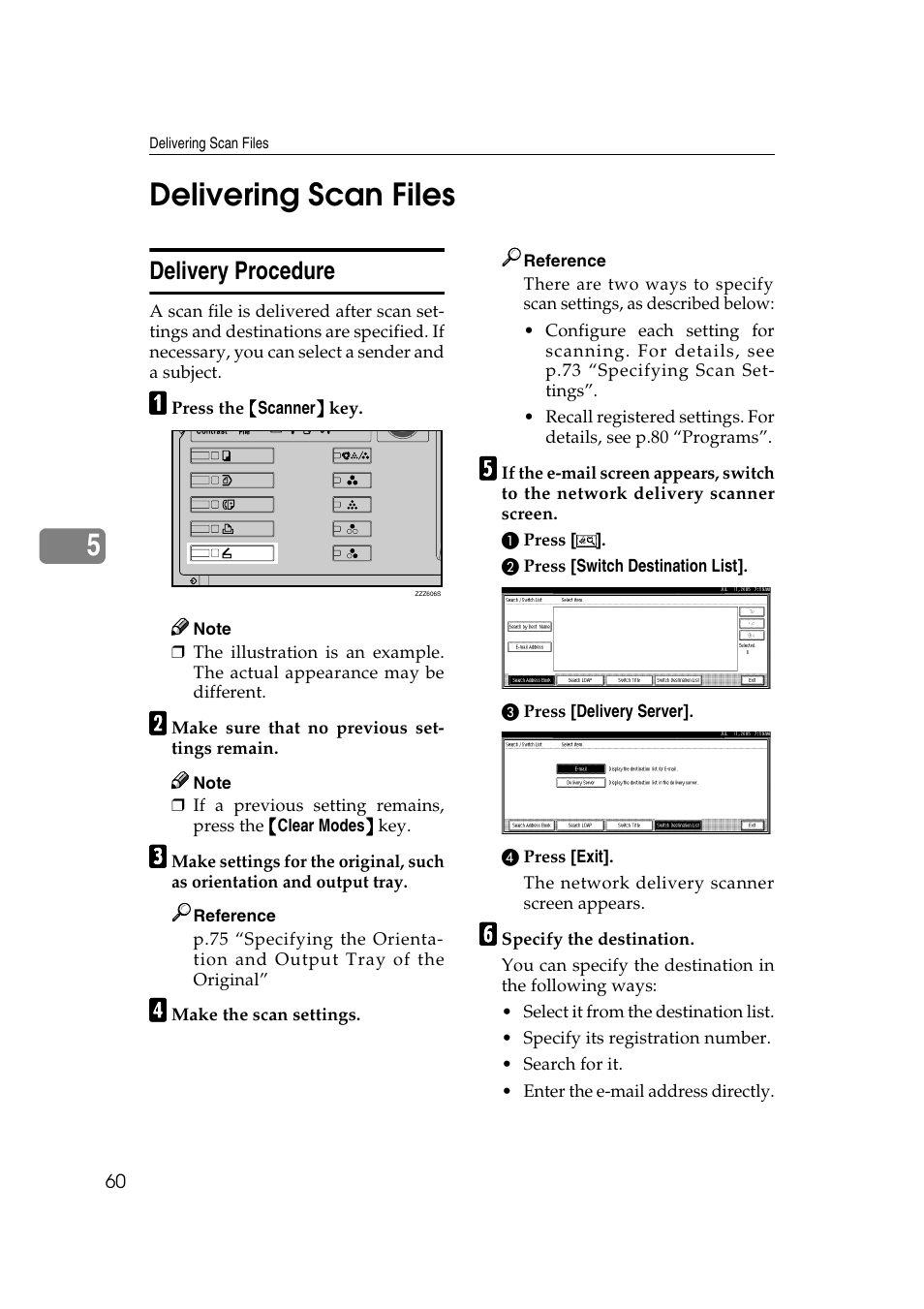 Delivering scan files, Delivery procedure, See p.60 “deliver- ing scan files | 5delivering scan files | Ricoh Type 480 User Manual | Page 68 / 128