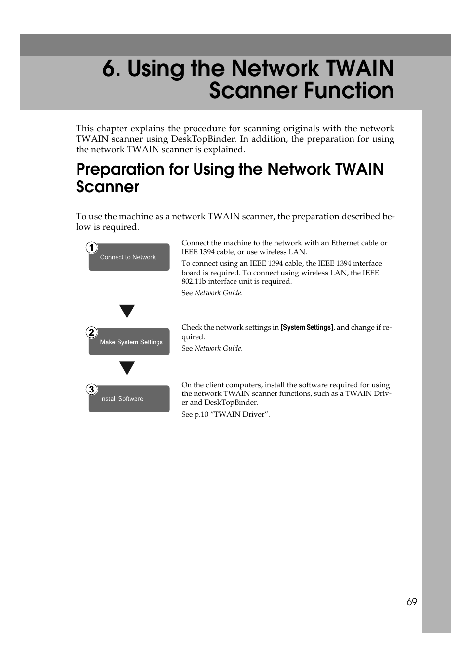 Using the network twain scanner function, Preparation for using the network twain scanner | Ricoh Type 480 User Manual | Page 77 / 128