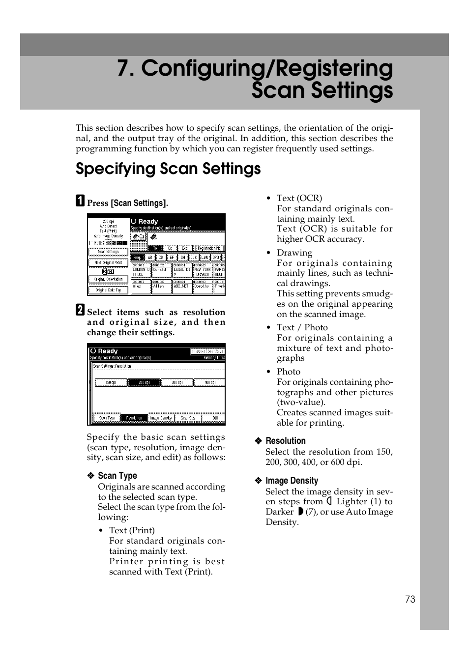 Configuring/registering scan settings, Specifying scan settings, P.73 “specifying scan set- tings | Ricoh Type 480 User Manual | Page 81 / 128