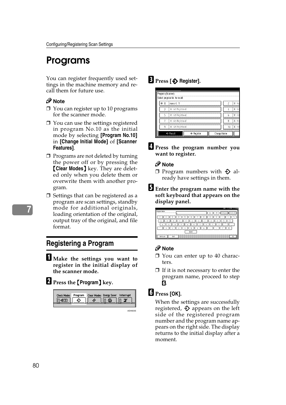 Programs, Registering a program, E p.80 “programs | P.80 “programs, 7programs | Ricoh Type 480 User Manual | Page 88 / 128