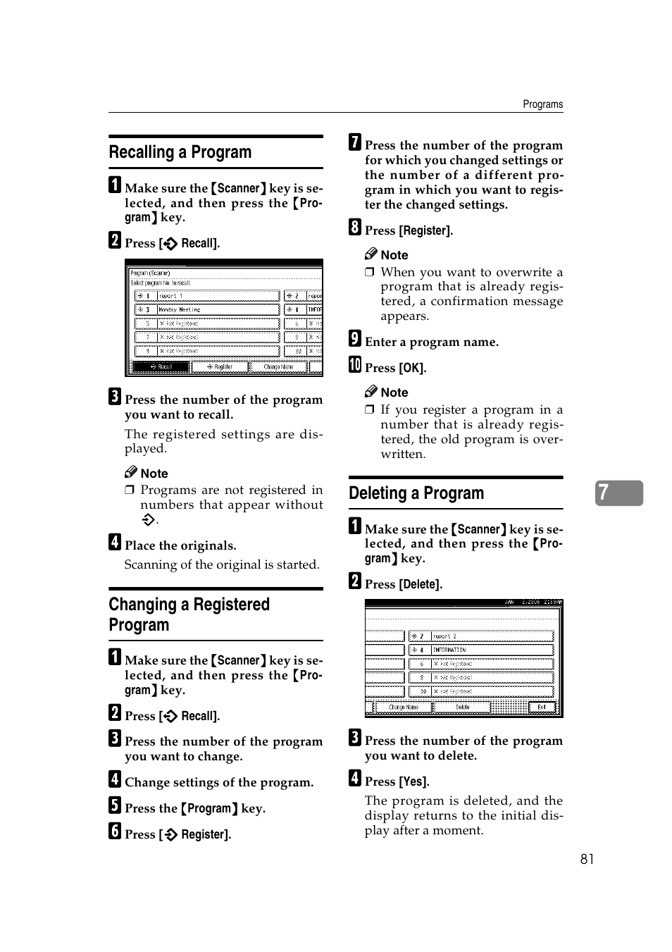 Recalling a program, Changing a registered program, Deleting a program | Ricoh Type 480 User Manual | Page 89 / 128