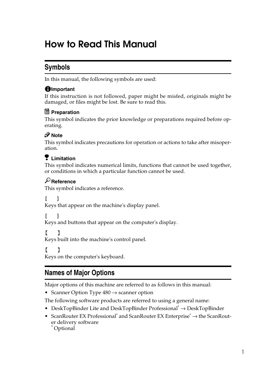 How to read this manual, Symbols, Names of major options | Symbols names of major options | Ricoh Type 480 User Manual | Page 9 / 128