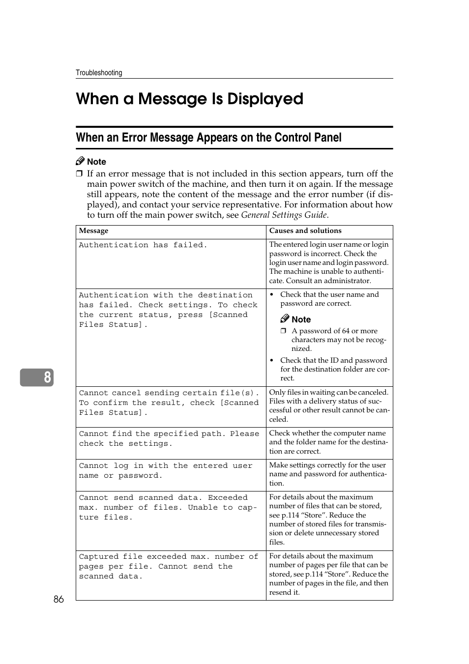 When a message is displayed, When an error message appears on the control panel, 8when a message is displayed | Ricoh Type 480 User Manual | Page 94 / 128