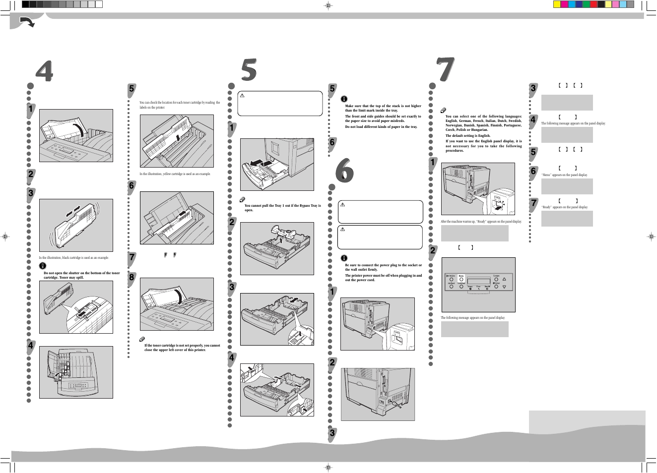 Sheet 1/2 go to sheet 2/2, Connecting the power cord, Installing the toner cartridge | Loading paper, Selecting the panel display language | Ricoh Aficio CL3000 User Manual | Page 2 / 4