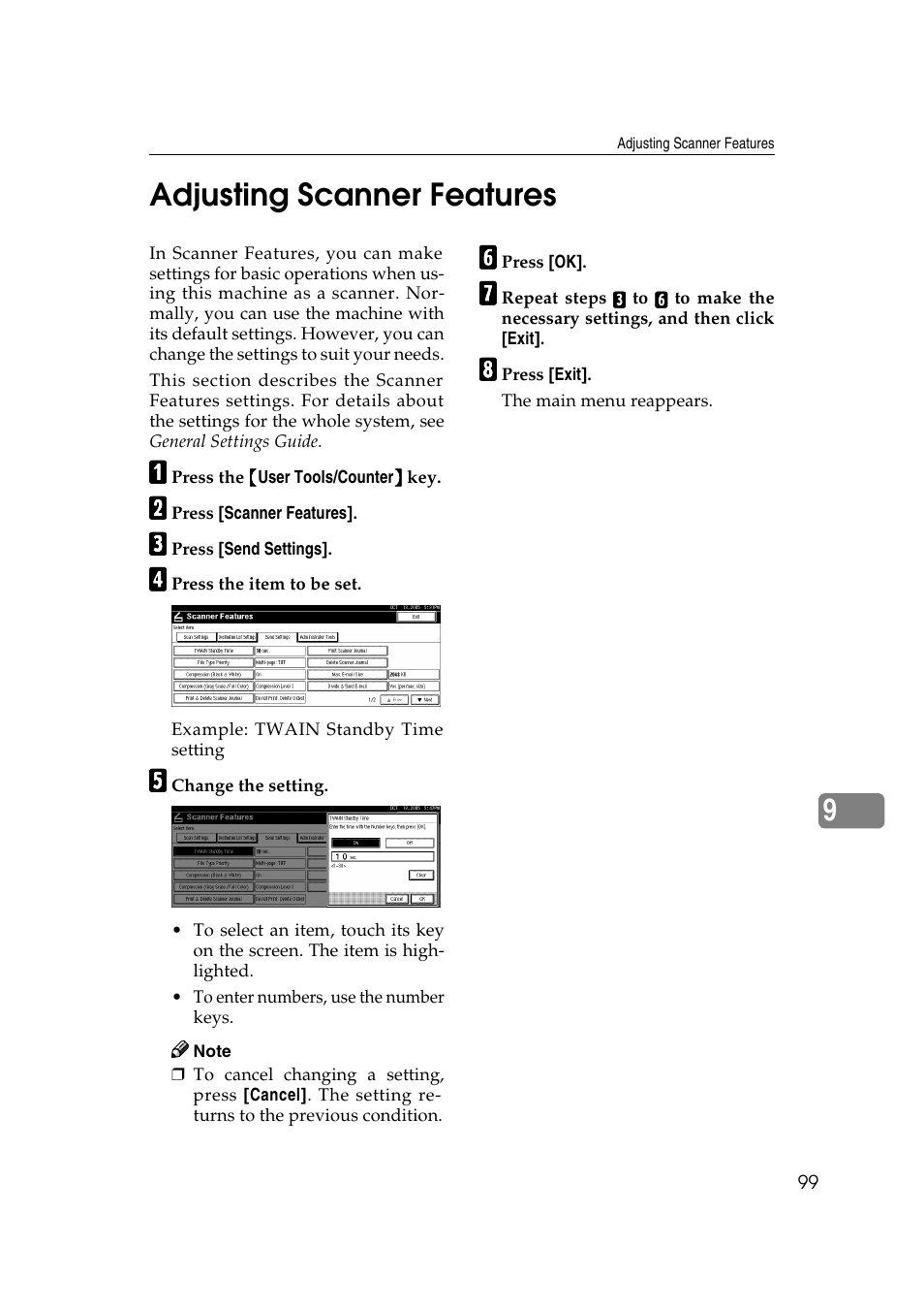 Adjusting scanner features, 9adjusting scanner features | Ricoh 3260 User Manual | Page 107 / 132