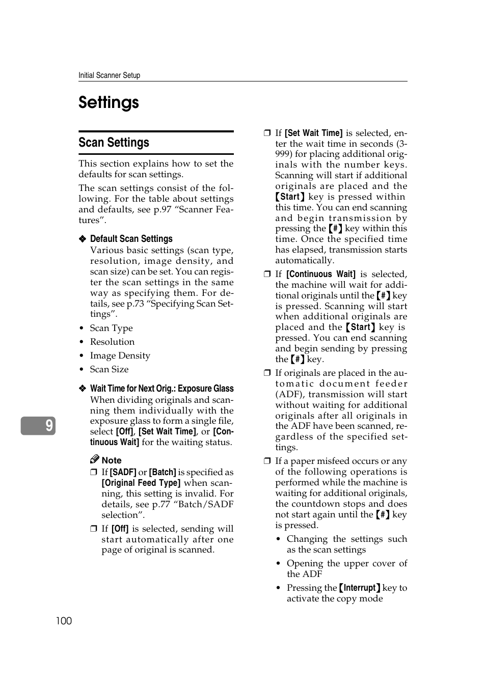 Settings, Scan settings, P.100 “wait time for next orig.: exposure glass | 9settings | Ricoh 3260 User Manual | Page 108 / 132