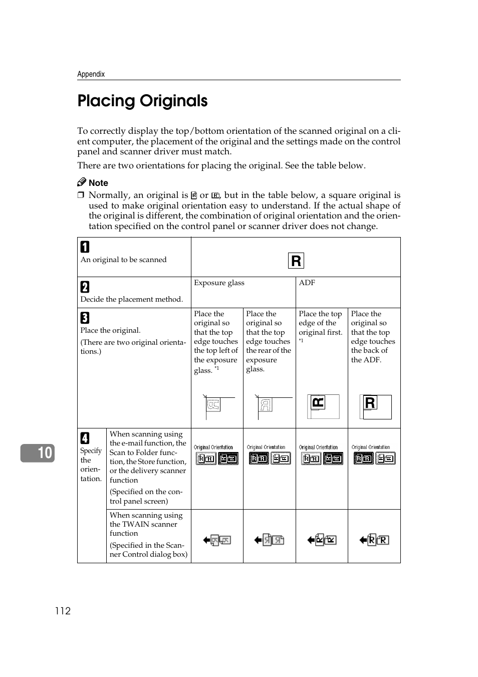 Placing originals, See p.112 “placing originals, P.112 “placing originals | 10 placing originals | Ricoh 3260 User Manual | Page 120 / 132