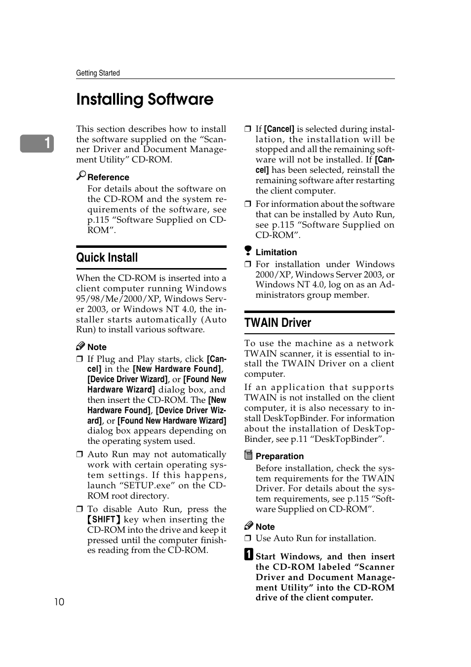 Installing software, Quick install, Twain driver | Quick install twain driver, 1installing software | Ricoh 3260 User Manual | Page 18 / 132