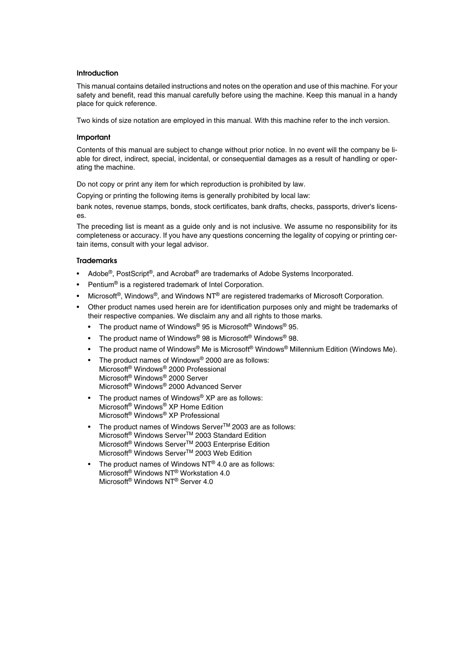 Introduction, Important, Trademarks | Ricoh 3260 User Manual | Page 2 / 132