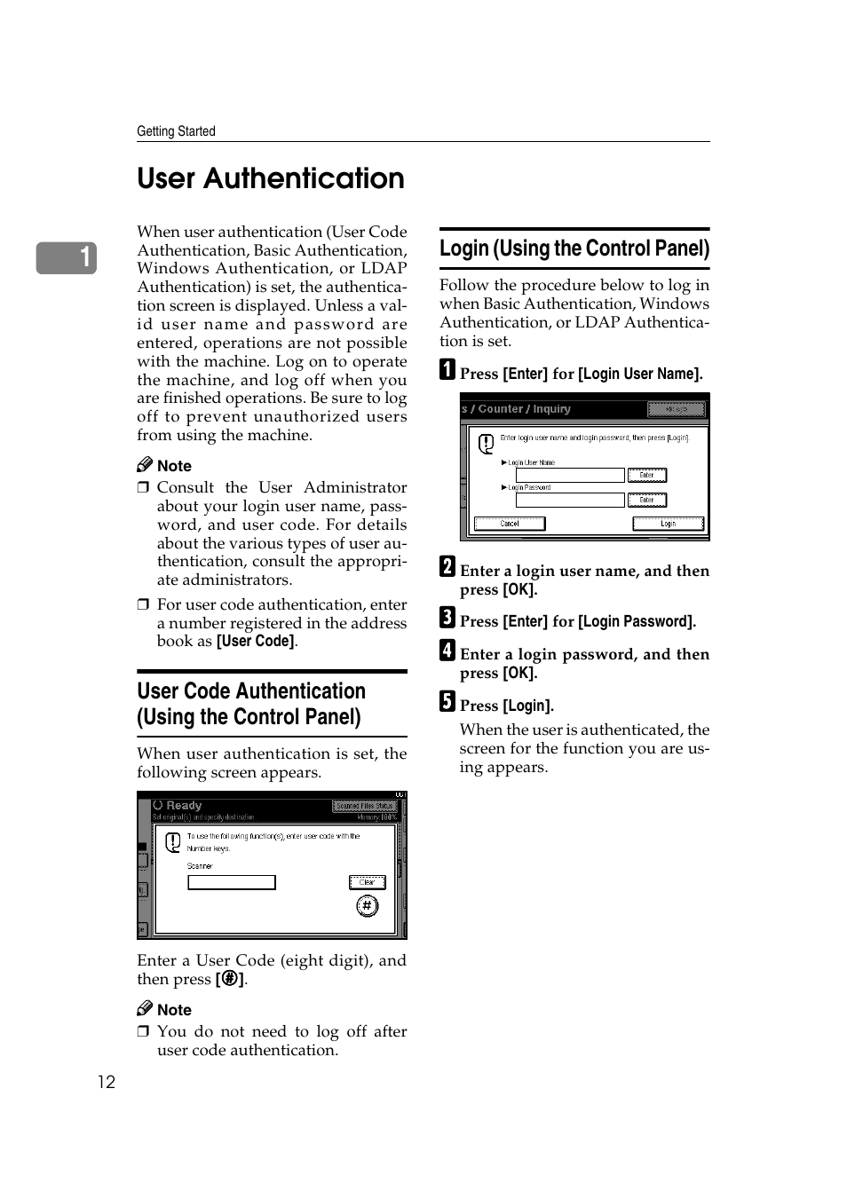 User authentication, User code authentication (using the control panel), Login (using the control panel) | 1user authentication | Ricoh 3260 User Manual | Page 20 / 132