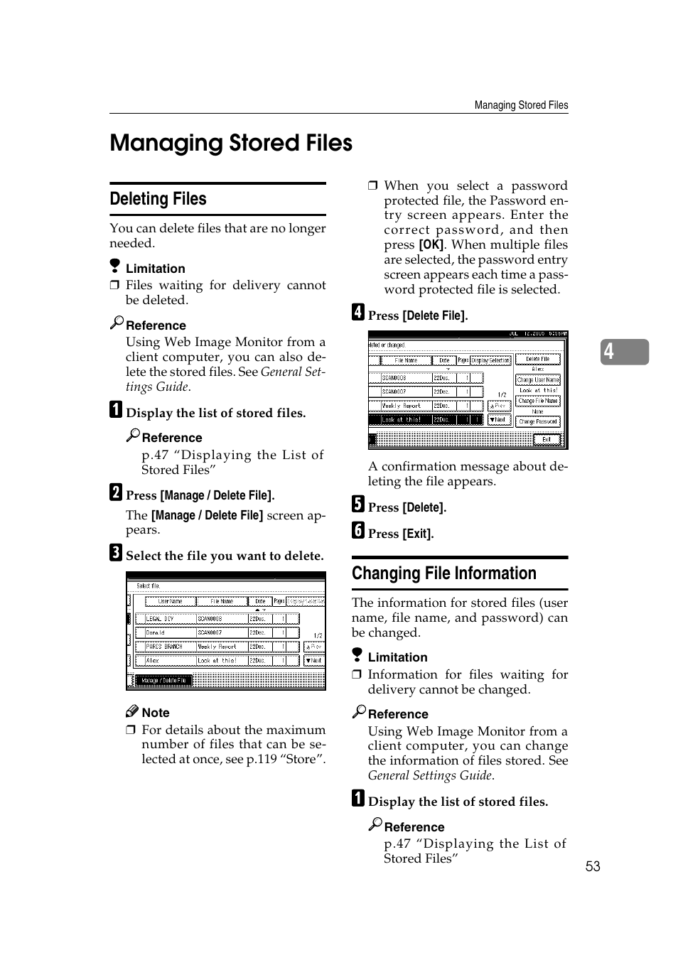 Managing stored files, Deleting files, Changing file information | Deleting files changing file information, 4managing stored files | Ricoh 3260 User Manual | Page 61 / 132