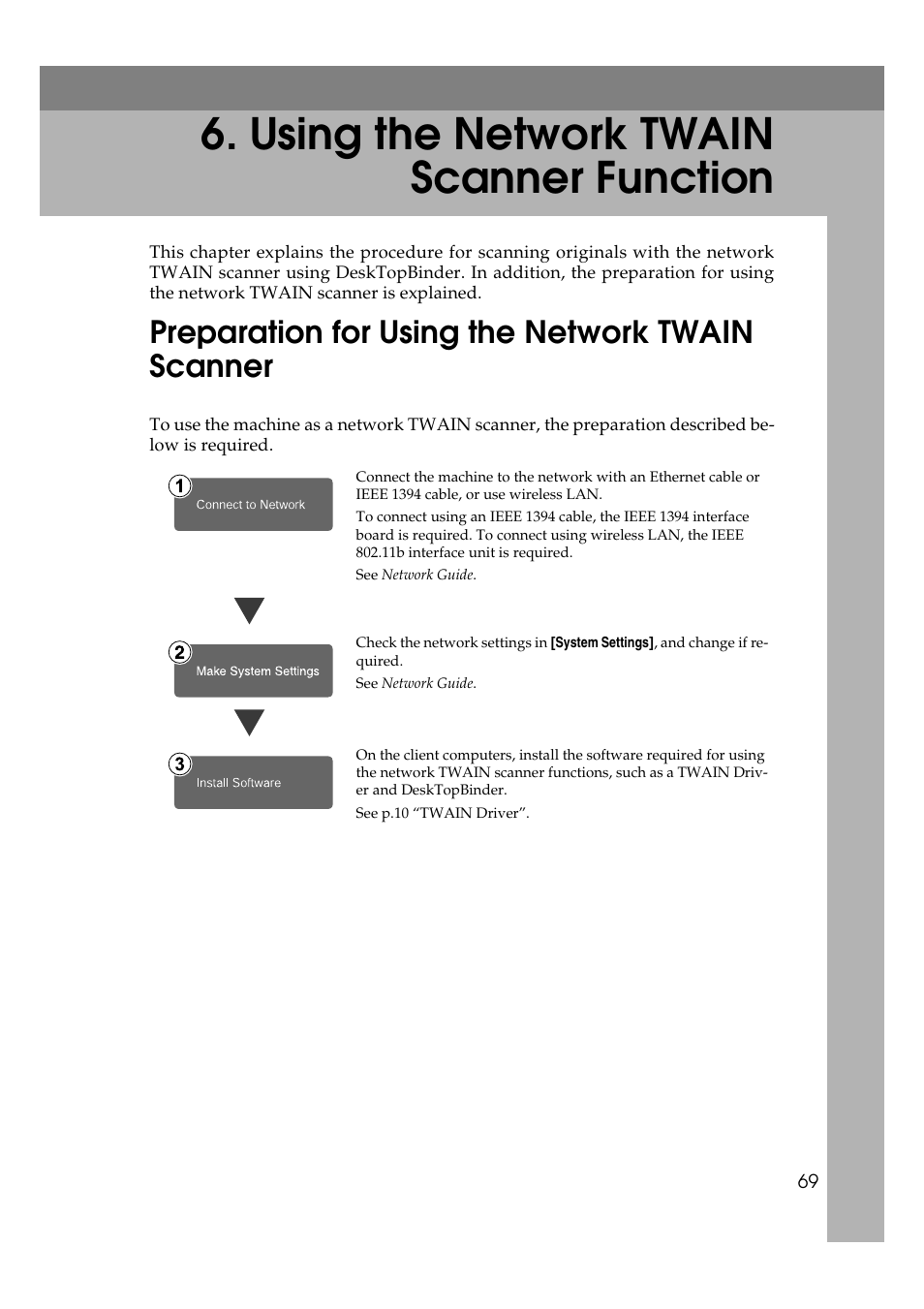 Using the network twain scanner function, Preparation for using the network twain scanner | Ricoh 3260 User Manual | Page 77 / 132