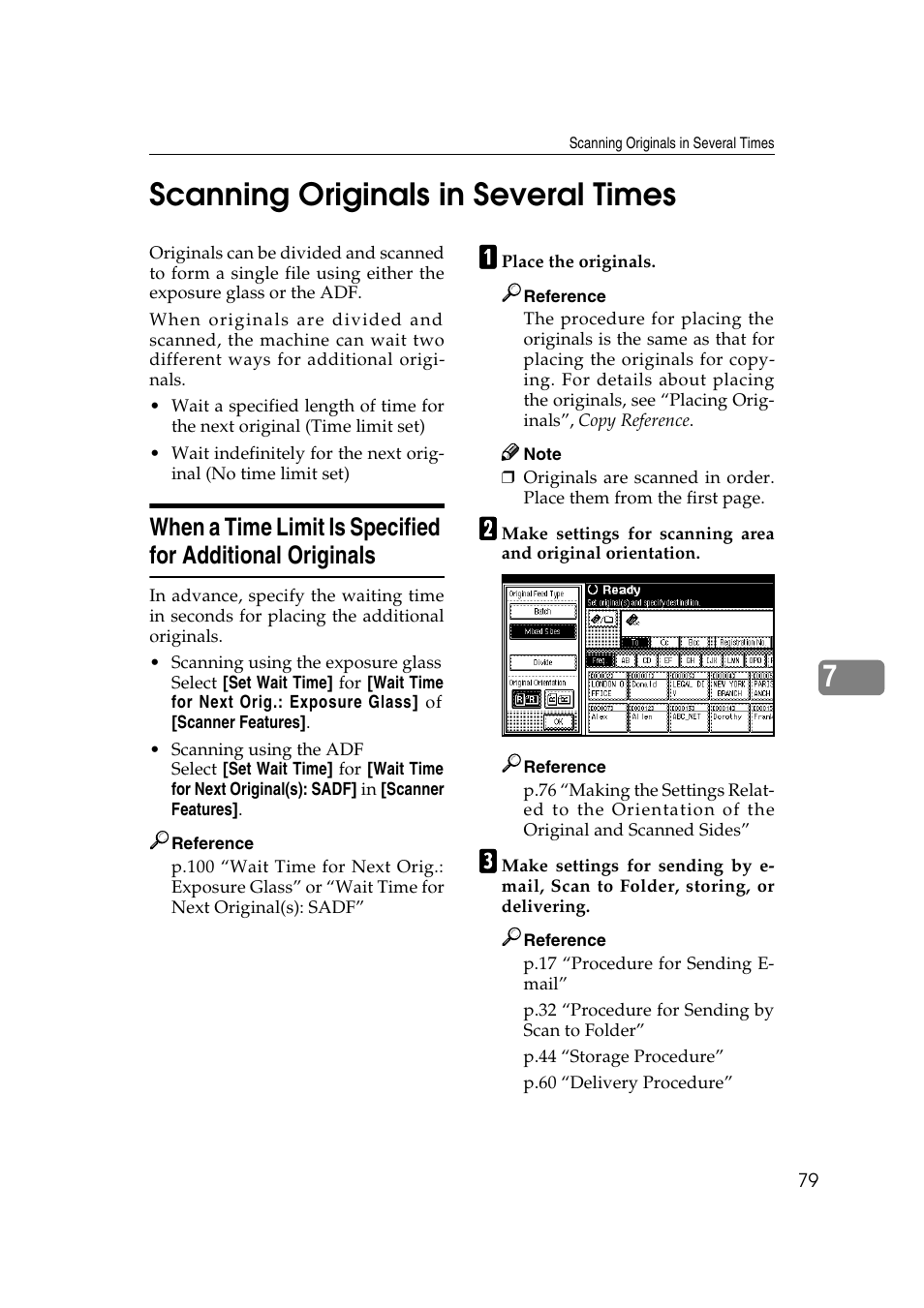 Scanning originals in several times, E p.79 “scanning originals in several times, P.79 “scanning originals in several times | 7scanning originals in several times | Ricoh 3260 User Manual | Page 87 / 132