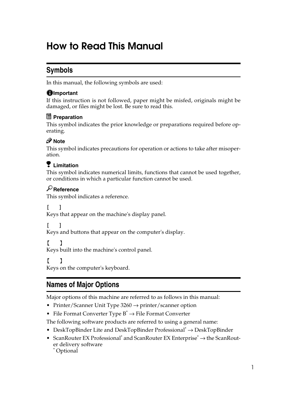 How to read this manual, Symbols, Names of major options | Symbols names of major options | Ricoh 3260 User Manual | Page 9 / 132