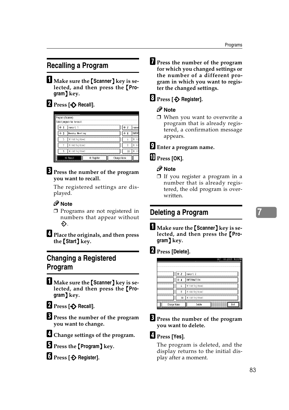 Recalling a program, Changing a registered program, Deleting a program | Ricoh 3260 User Manual | Page 91 / 132