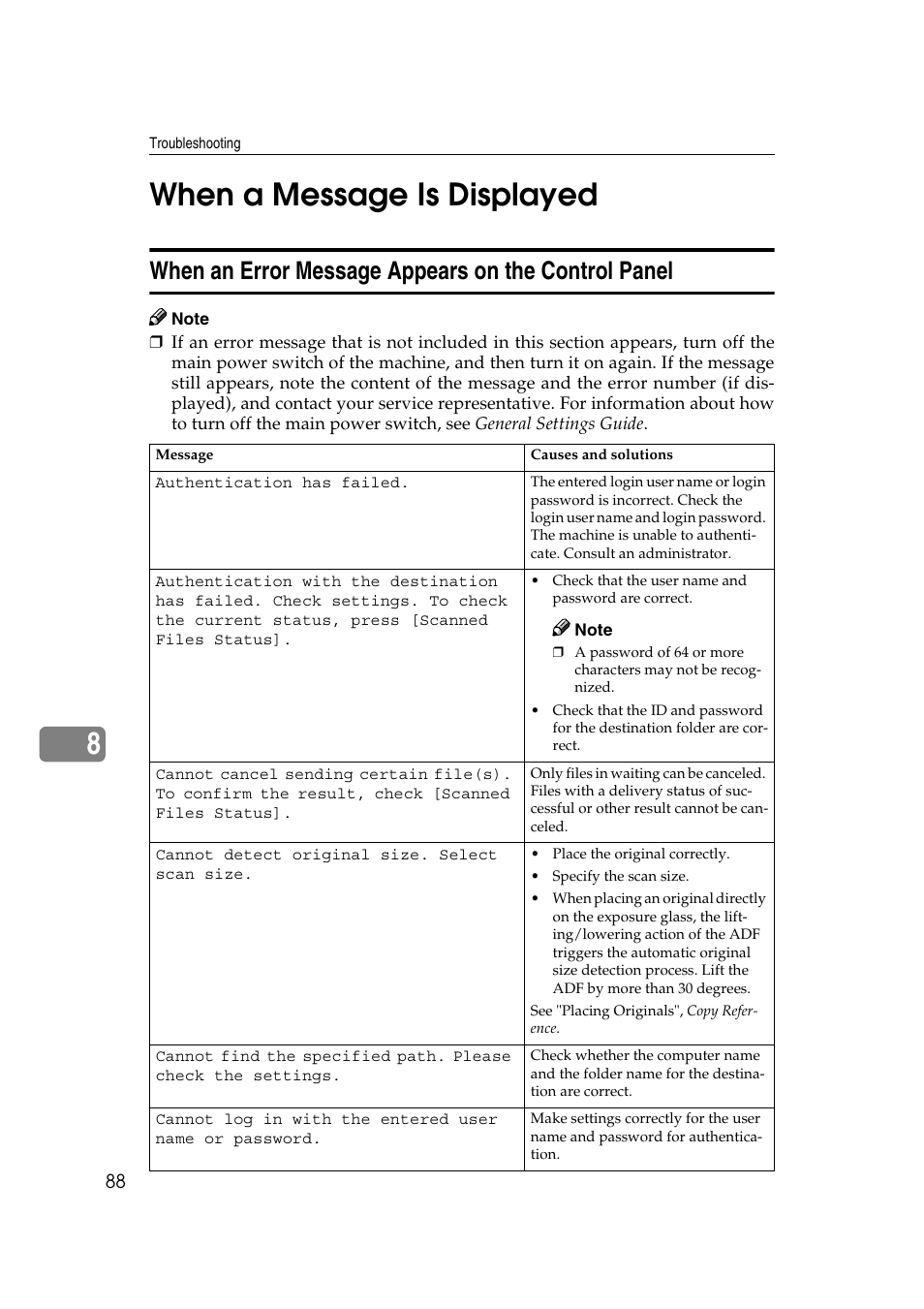 When a message is displayed, When an error message appears on the control panel, 8when a message is displayed | Ricoh 3260 User Manual | Page 96 / 132