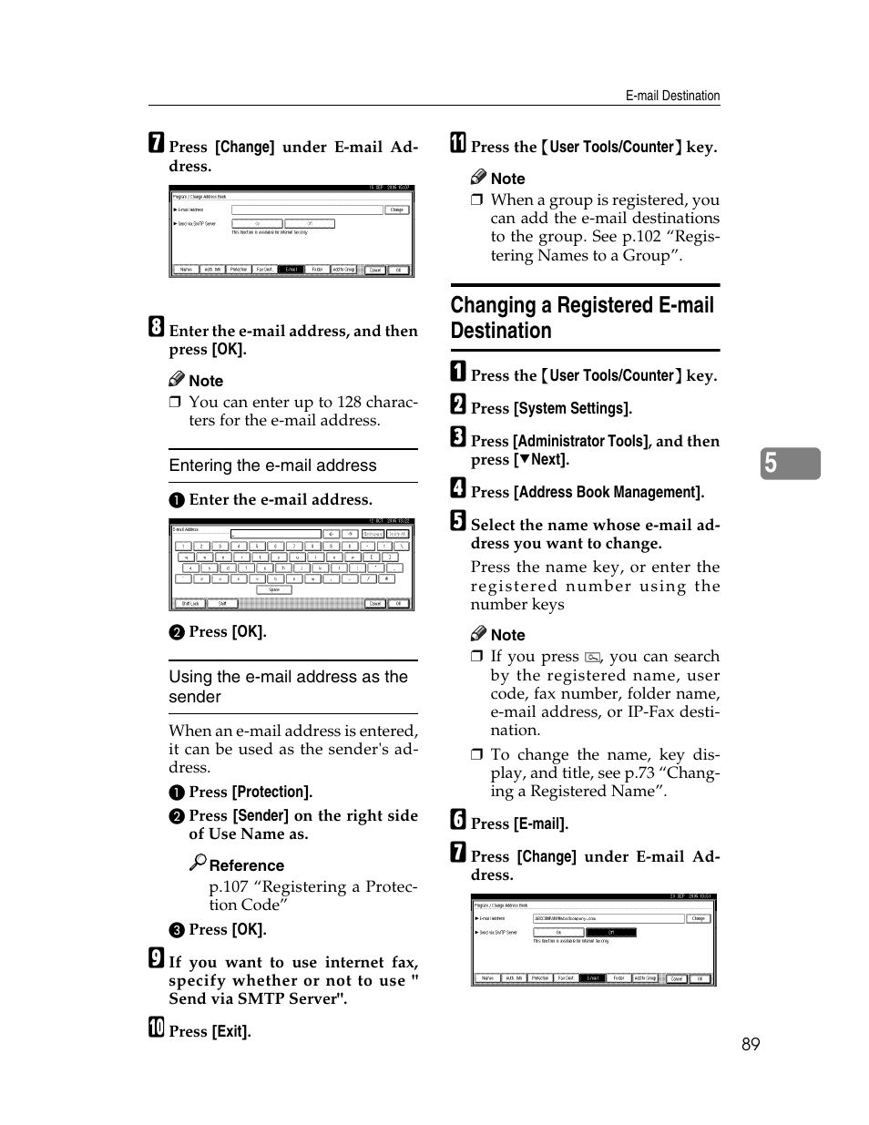 Changing a registered e-mail destination | Ricoh Aficio 2025 User Manual | Page 101 / 182