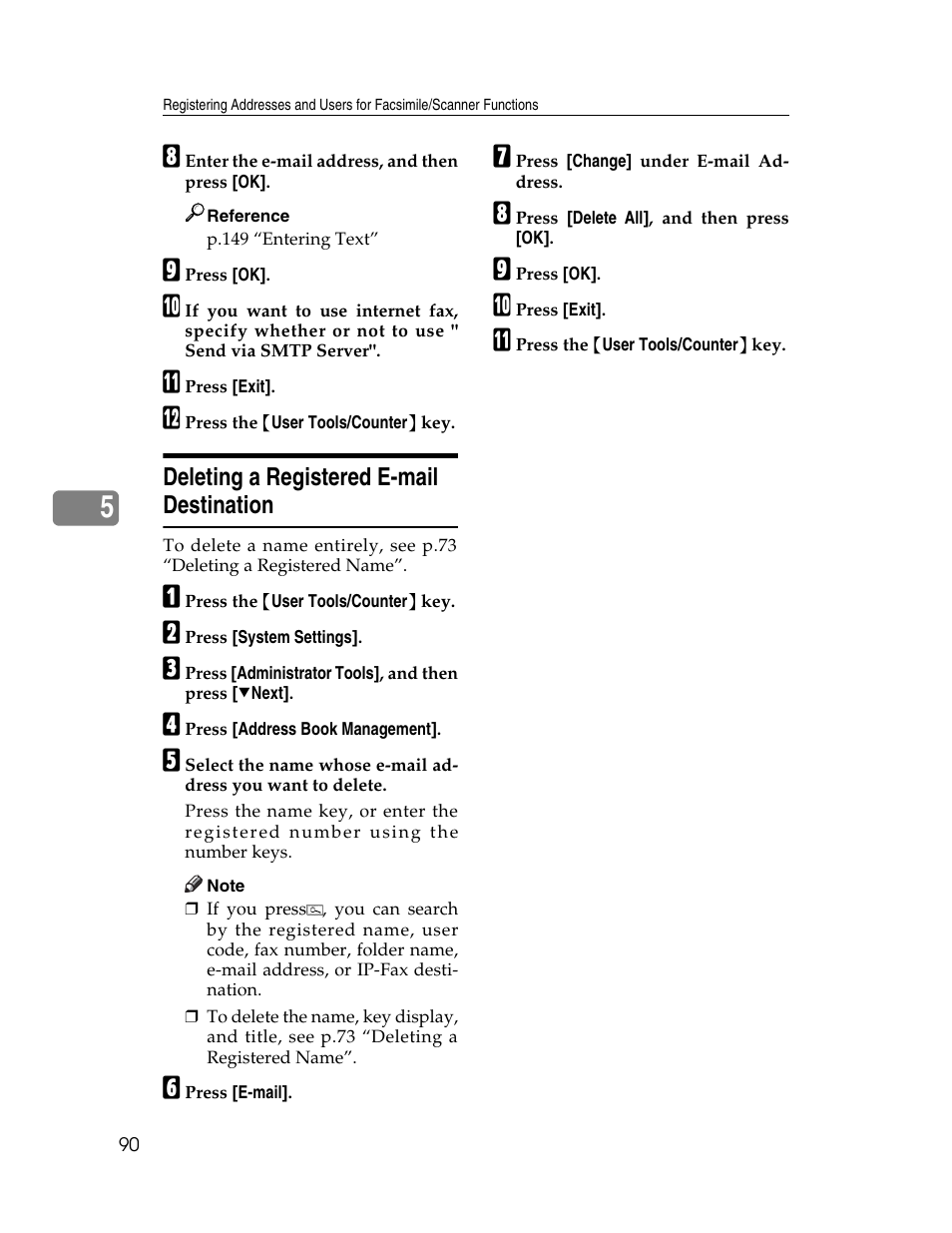 Deleting a registered e-mail destination | Ricoh Aficio 2025 User Manual | Page 102 / 182