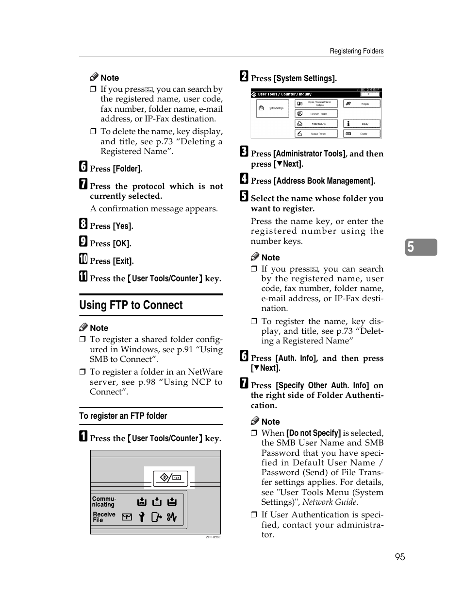 Using ftp to connect, To register an ftp folder, P.95 “to register an ftp fold- er | Ricoh Aficio 2025 User Manual | Page 107 / 182