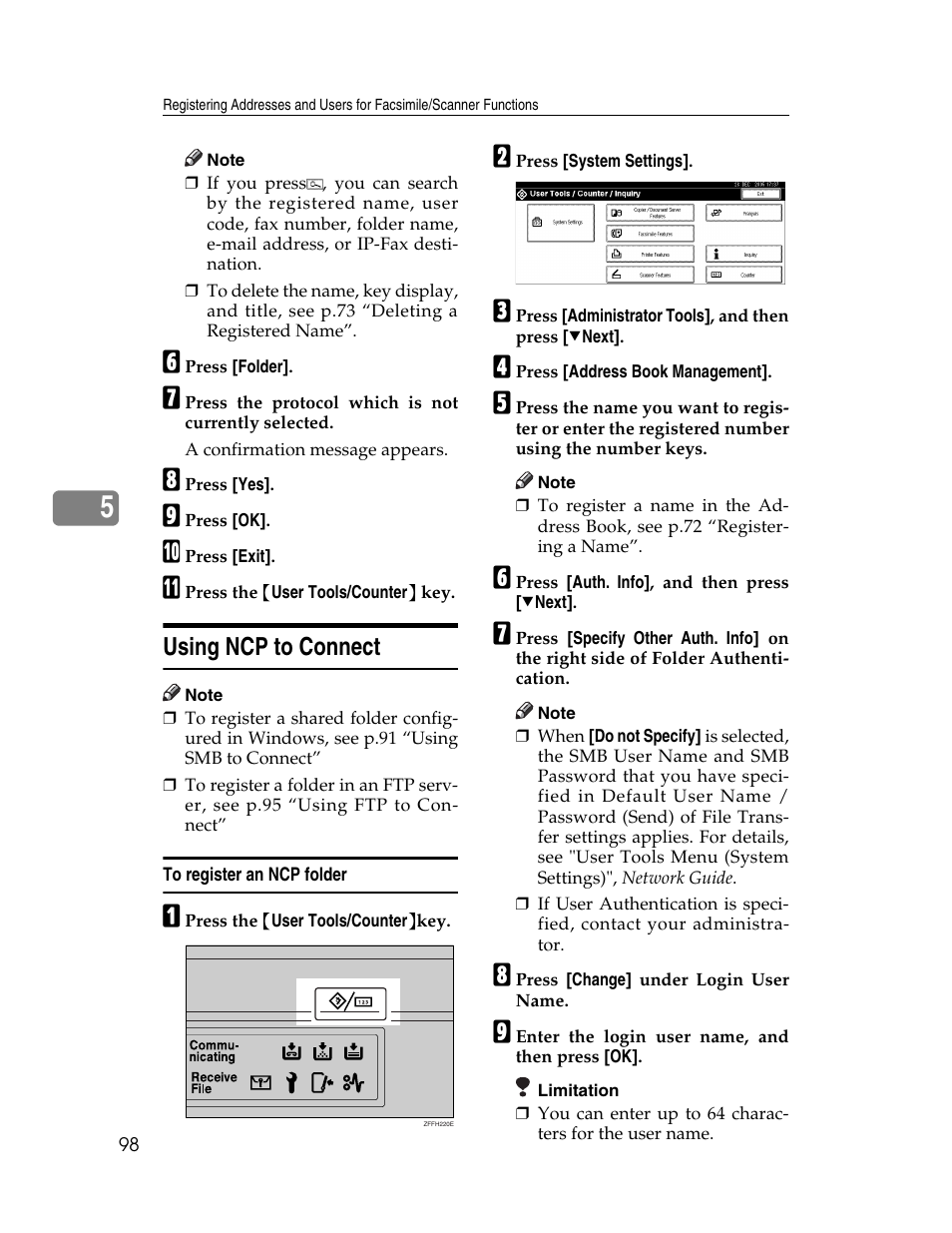 Using ncp to connect, To register an ncp folder, P.98 “to register an ncp folder | E p.98 “using ncp to connect | Ricoh Aficio 2025 User Manual | Page 110 / 182