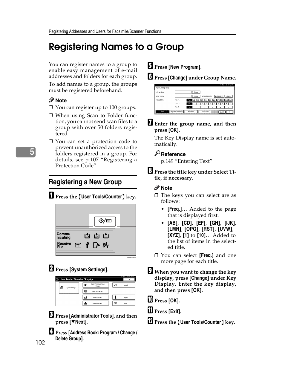 Registering names to a group, Registering a new group, 5registering names to a group | Ricoh Aficio 2025 User Manual | Page 114 / 182