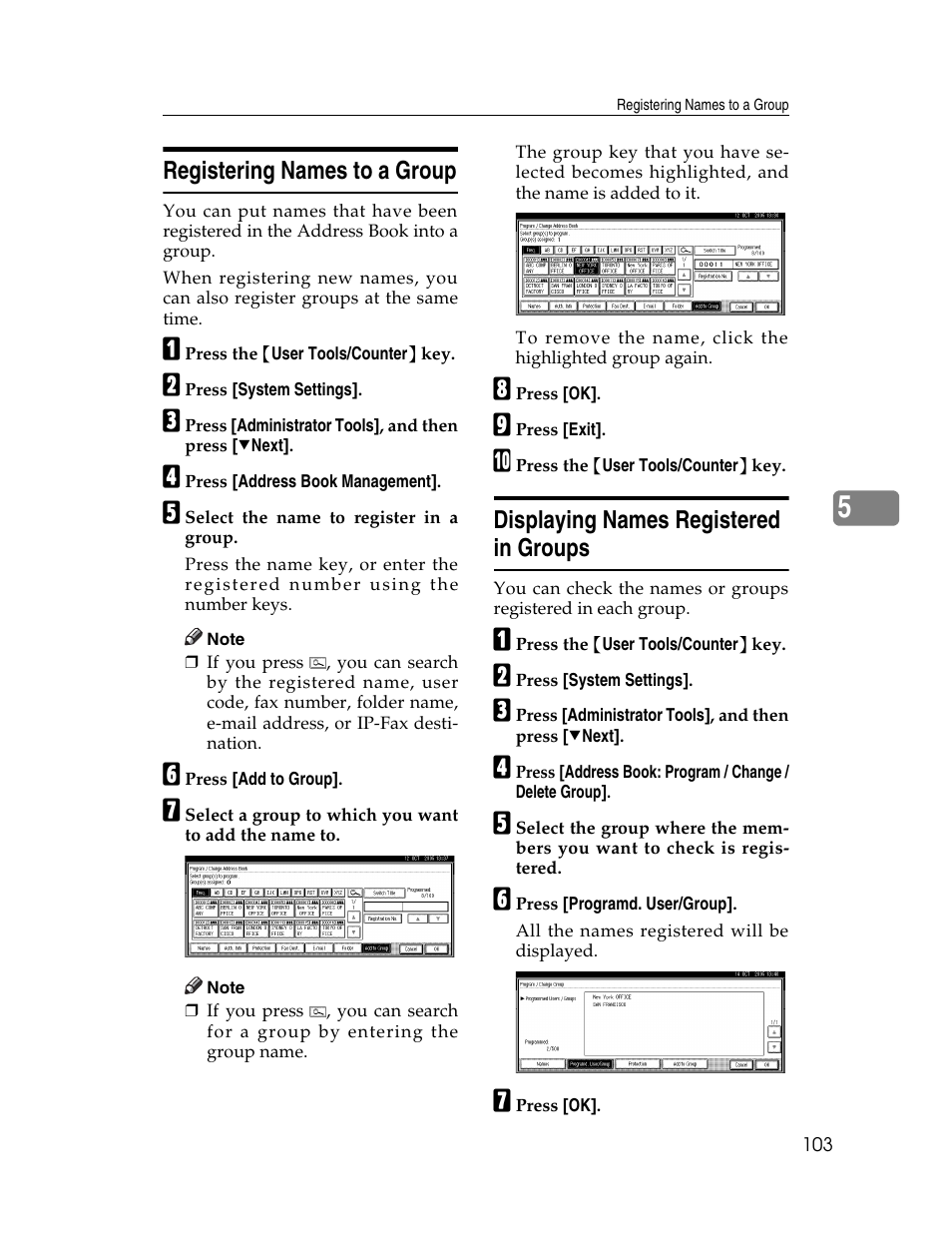 Registering names to a group, Displaying names registered in groups | Ricoh Aficio 2025 User Manual | Page 115 / 182