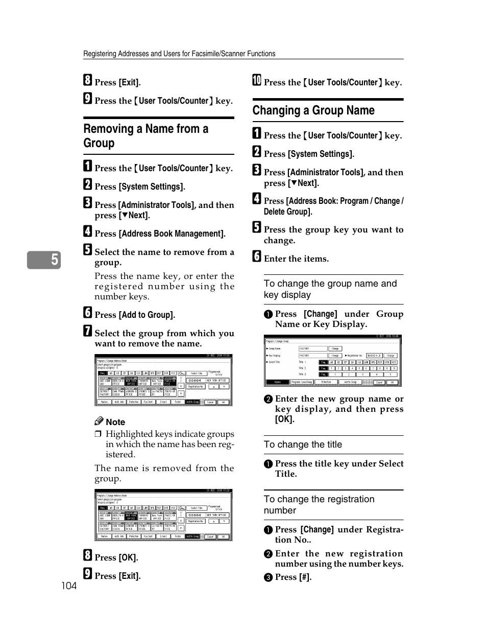 Removing a name from a group, Changing a group name, Removing a name from a group changing a group name | Ricoh Aficio 2025 User Manual | Page 116 / 182