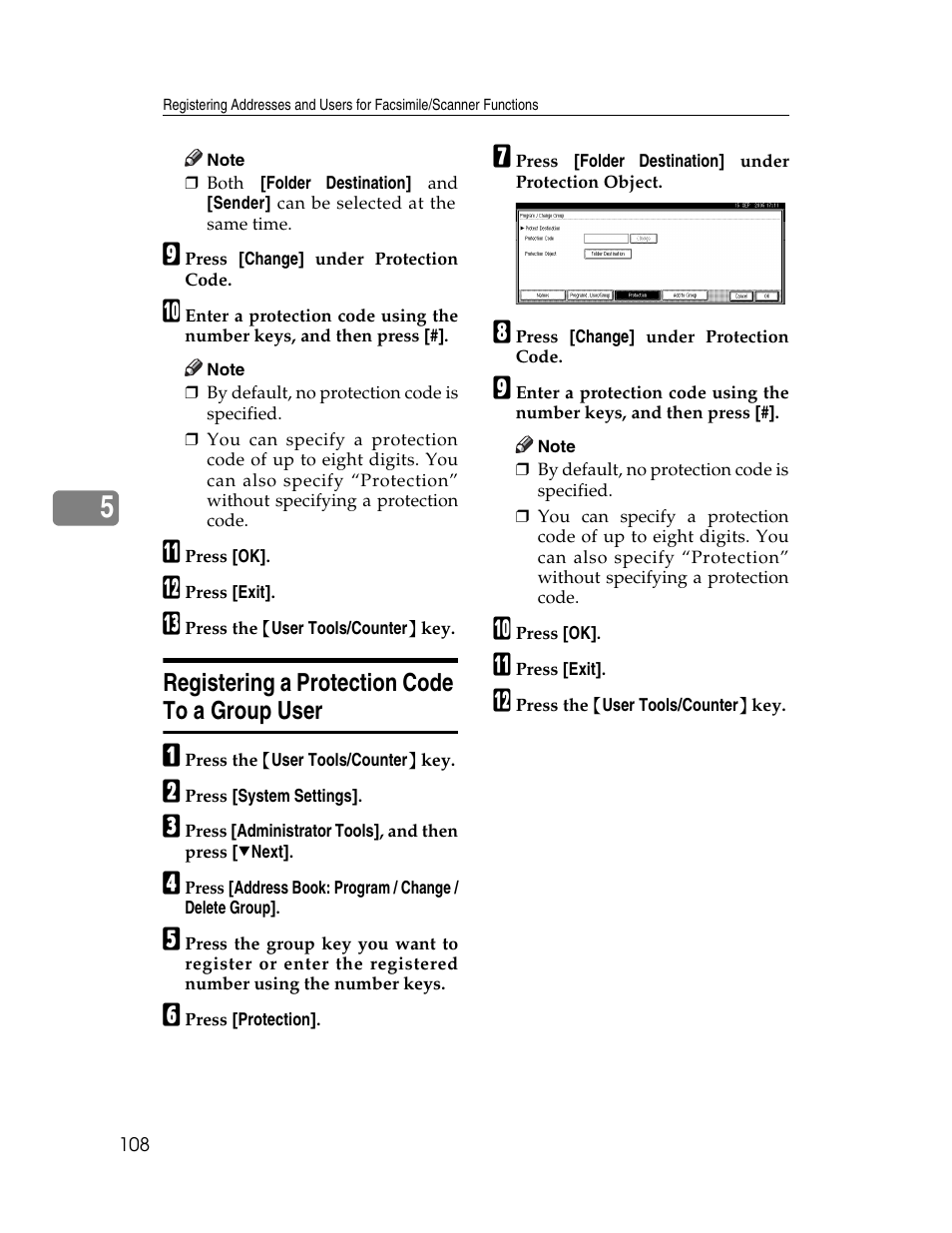 Registering a protection code to a group user | Ricoh Aficio 2025 User Manual | Page 120 / 182