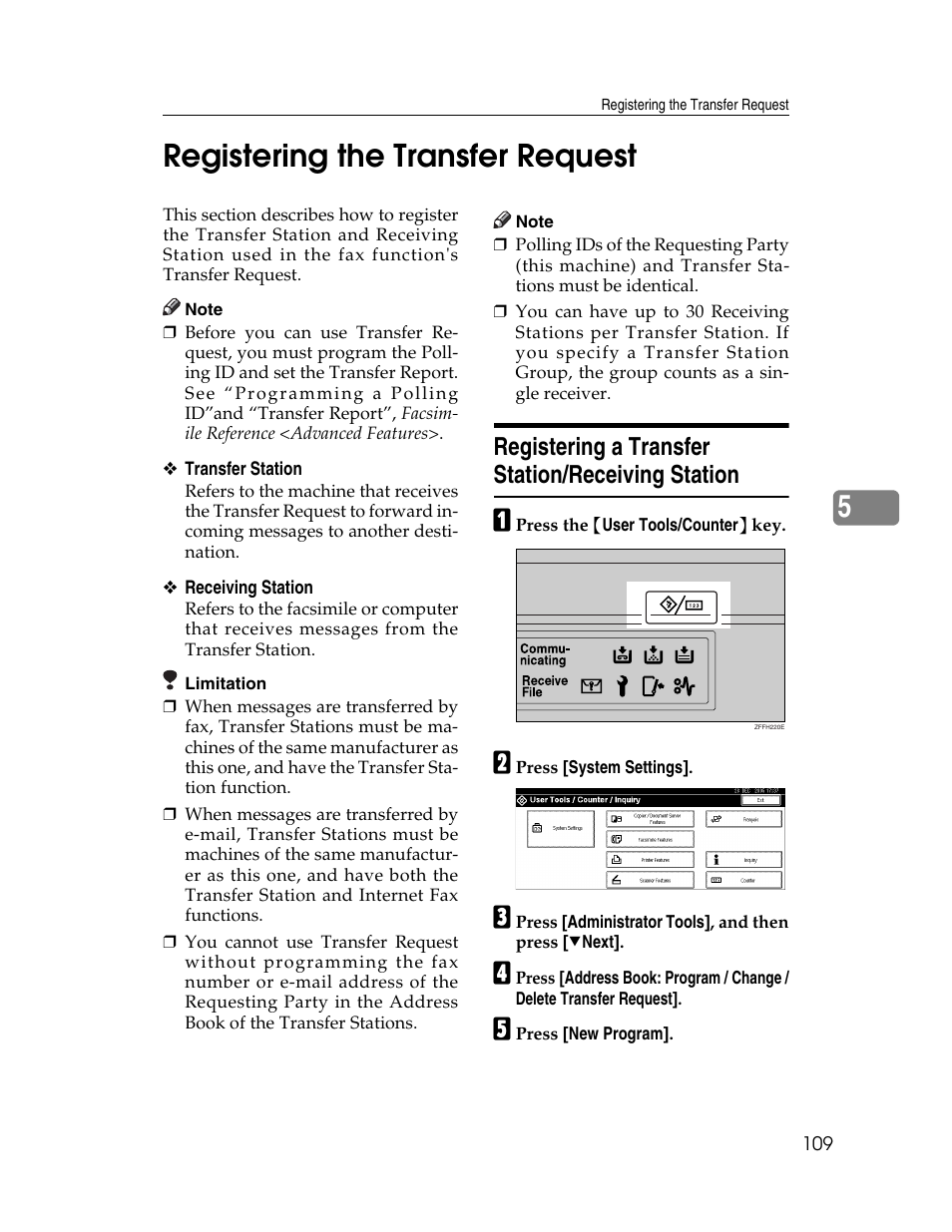 Registering the transfer request, Registering a transfer station/receiving station, 5registering the transfer request | Ricoh Aficio 2025 User Manual | Page 121 / 182