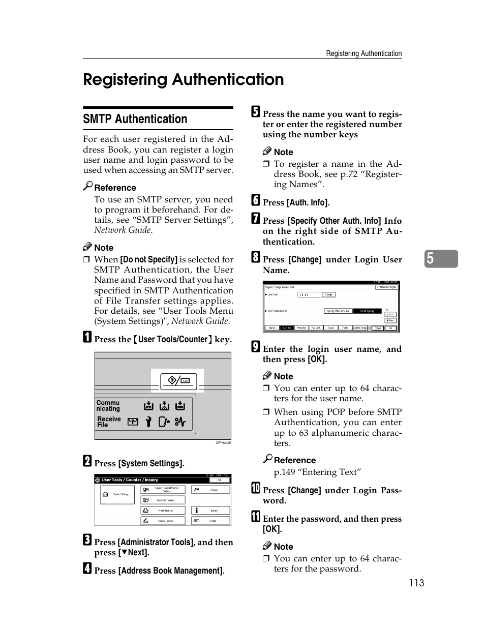 Registering authentication, Smtp authentication, 5registering authentication | Ricoh Aficio 2025 User Manual | Page 125 / 182