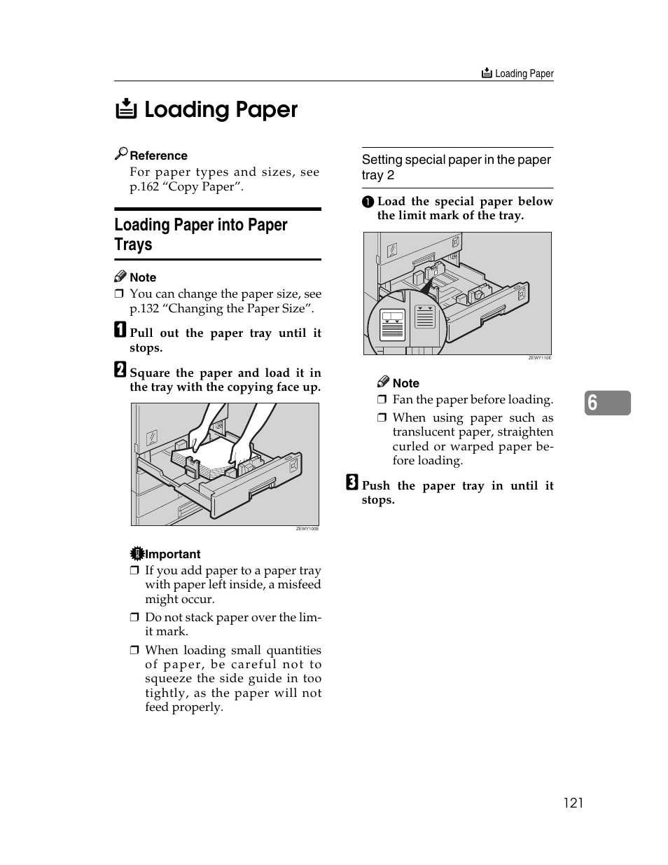 Loading paper, Loading paper into paper trays, B loading paper | Load paper. see p.121 “b loading pa- per, E p.121 “b loading paper, E p.121, 6b loading paper | Ricoh Aficio 2025 User Manual | Page 133 / 182
