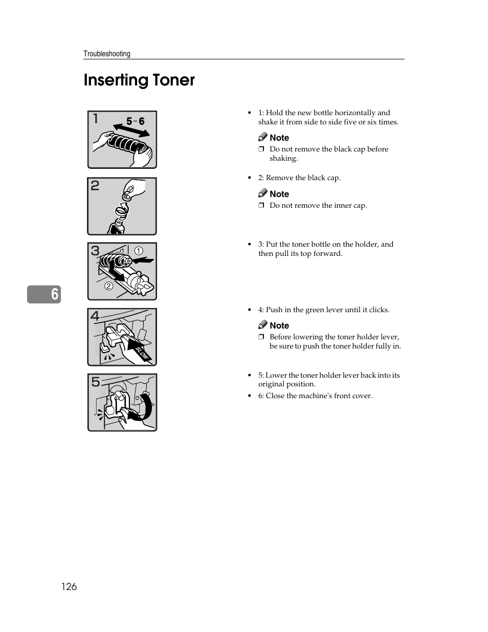 Inserting toner, 6inserting toner | Ricoh Aficio 2025 User Manual | Page 138 / 182