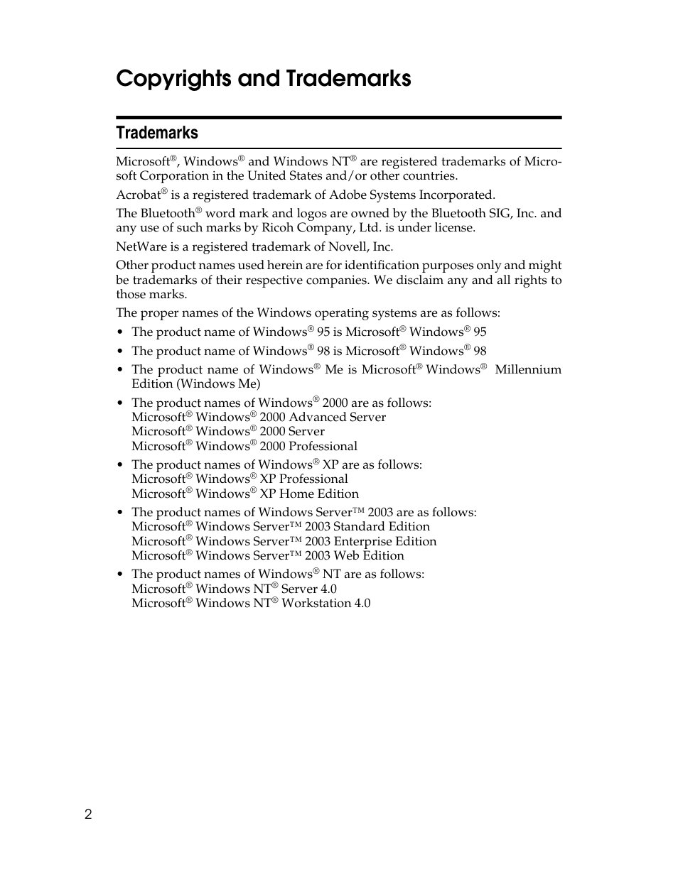 Copyrights and trademarks, Trademarks | Ricoh Aficio 2025 User Manual | Page 14 / 182