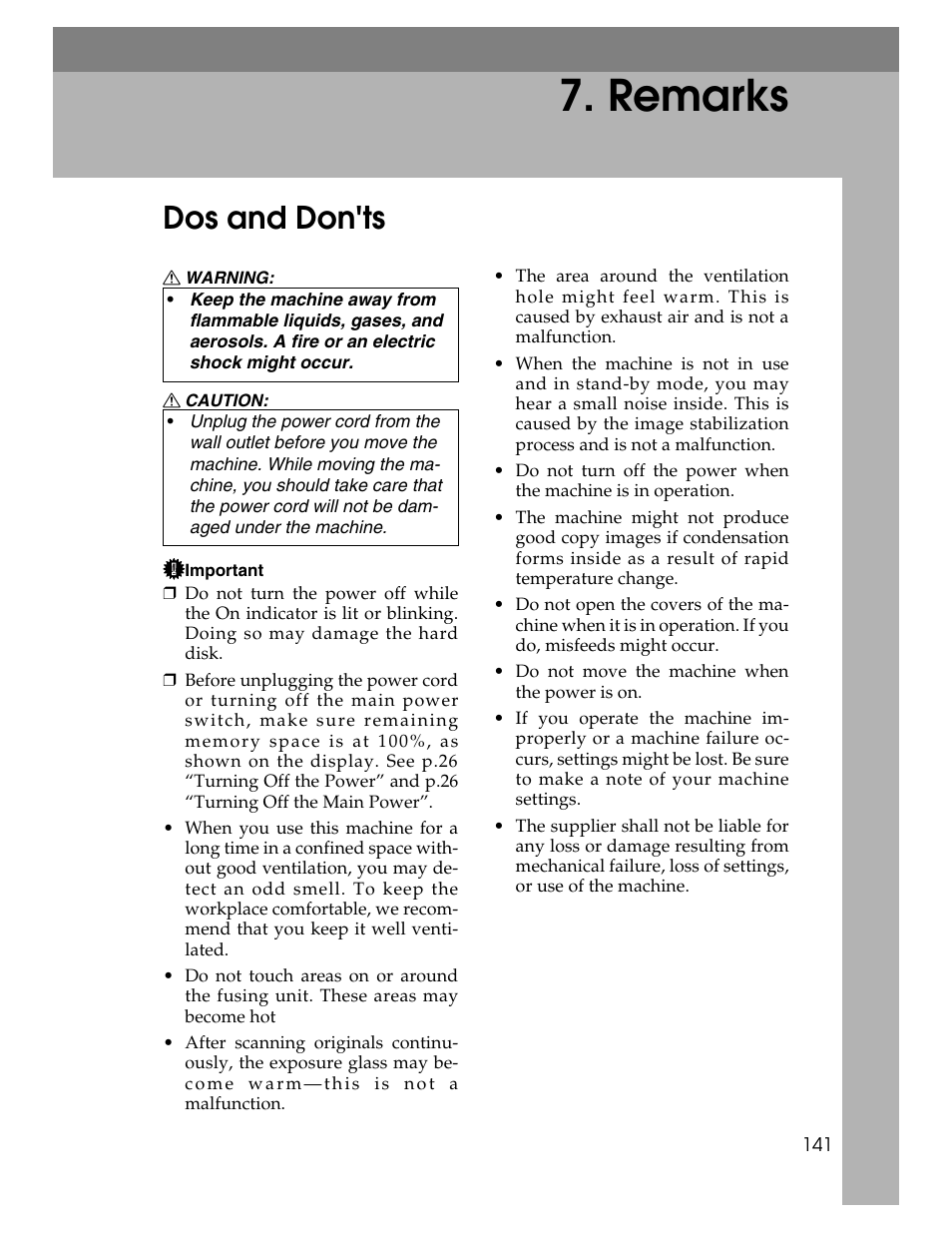 Remarks, Dos and don'ts | Ricoh Aficio 2025 User Manual | Page 153 / 182