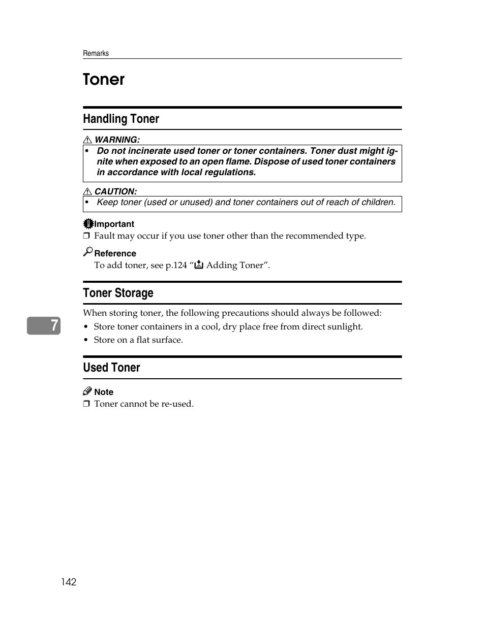 Toner, Handling toner, Toner storage | Used toner, Handling toner toner storage used toner, 7toner | Ricoh Aficio 2025 User Manual | Page 154 / 182