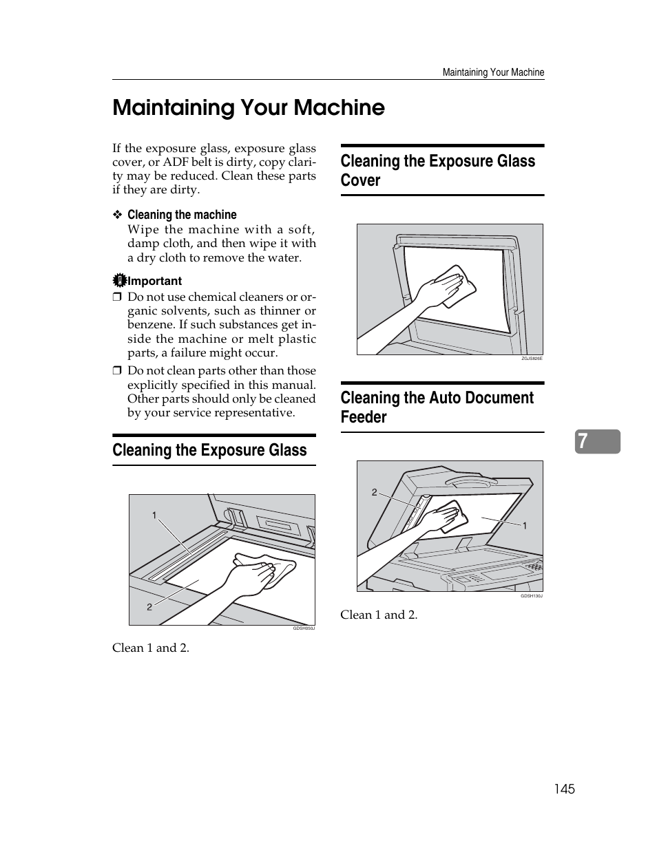 Maintaining your machine, Cleaning the exposure glass, Cleaning the exposure glass cover | Cleaning the auto document feeder, 7maintaining your machine | Ricoh Aficio 2025 User Manual | Page 157 / 182