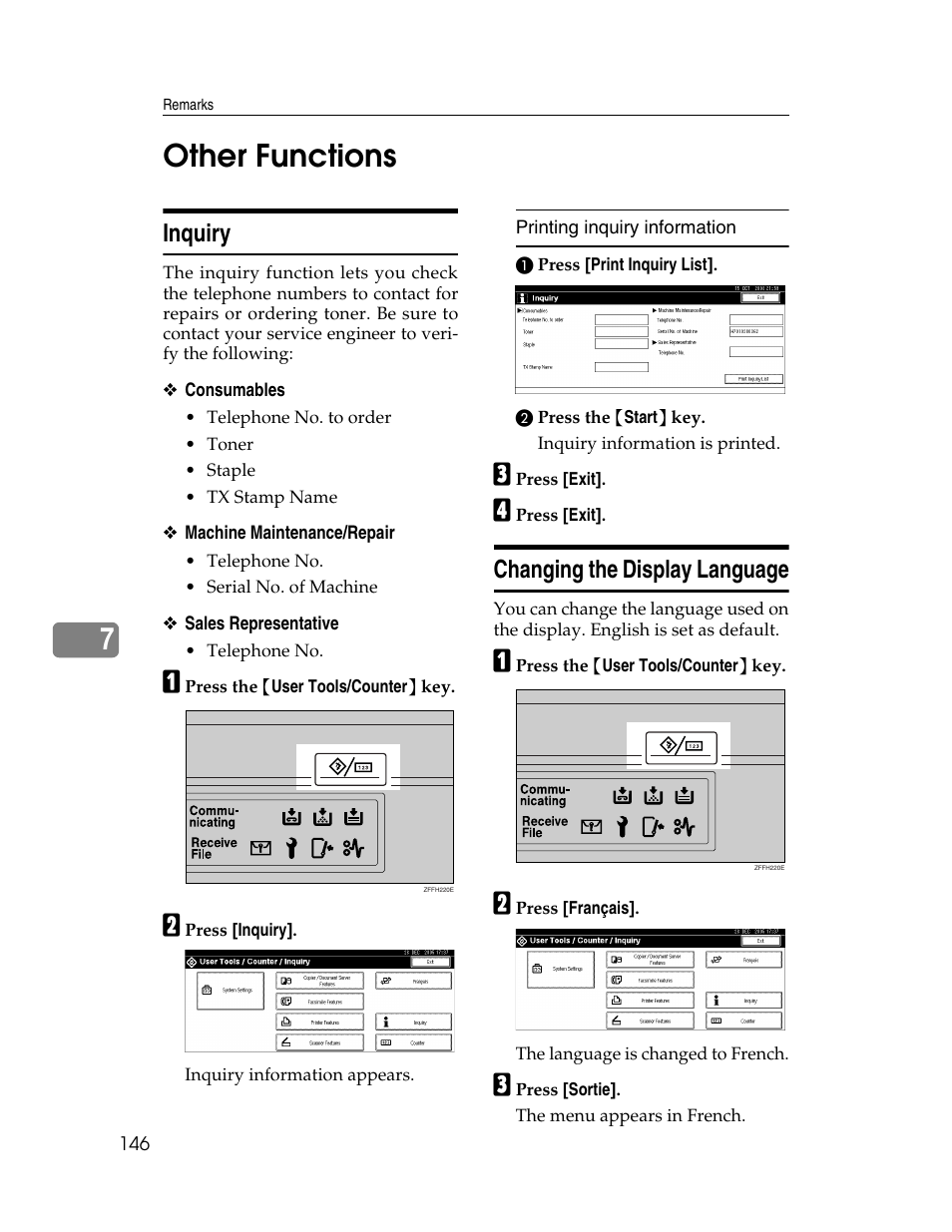 Other functions, Inquiry, Changing the display language | Inquiry changing the display language, See p.146 “inquiry, 7other functions | Ricoh Aficio 2025 User Manual | Page 158 / 182