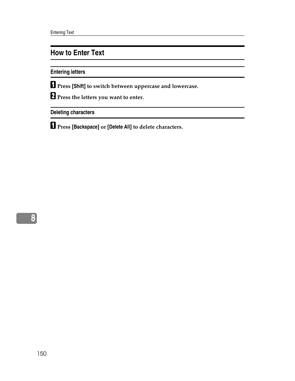 How to enter text, Entering letters, Deleting characters | Ricoh Aficio 2025 User Manual | Page 162 / 182